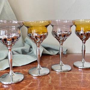 Vintage Farberware Cambridge Glass Krome Kraft Wine Glasses Set of 4 Amethyst and Topaz Art Deco Farber Bros 1930’s Barware Rare Set GC771