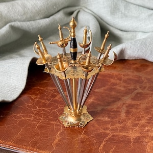 Toledo Cocktail Sword Appetizer Picks Set of 8 1960’s Damascene Cocktail Martini Picks with Caddy MCM Cocktail Party Made in Spain SI2096