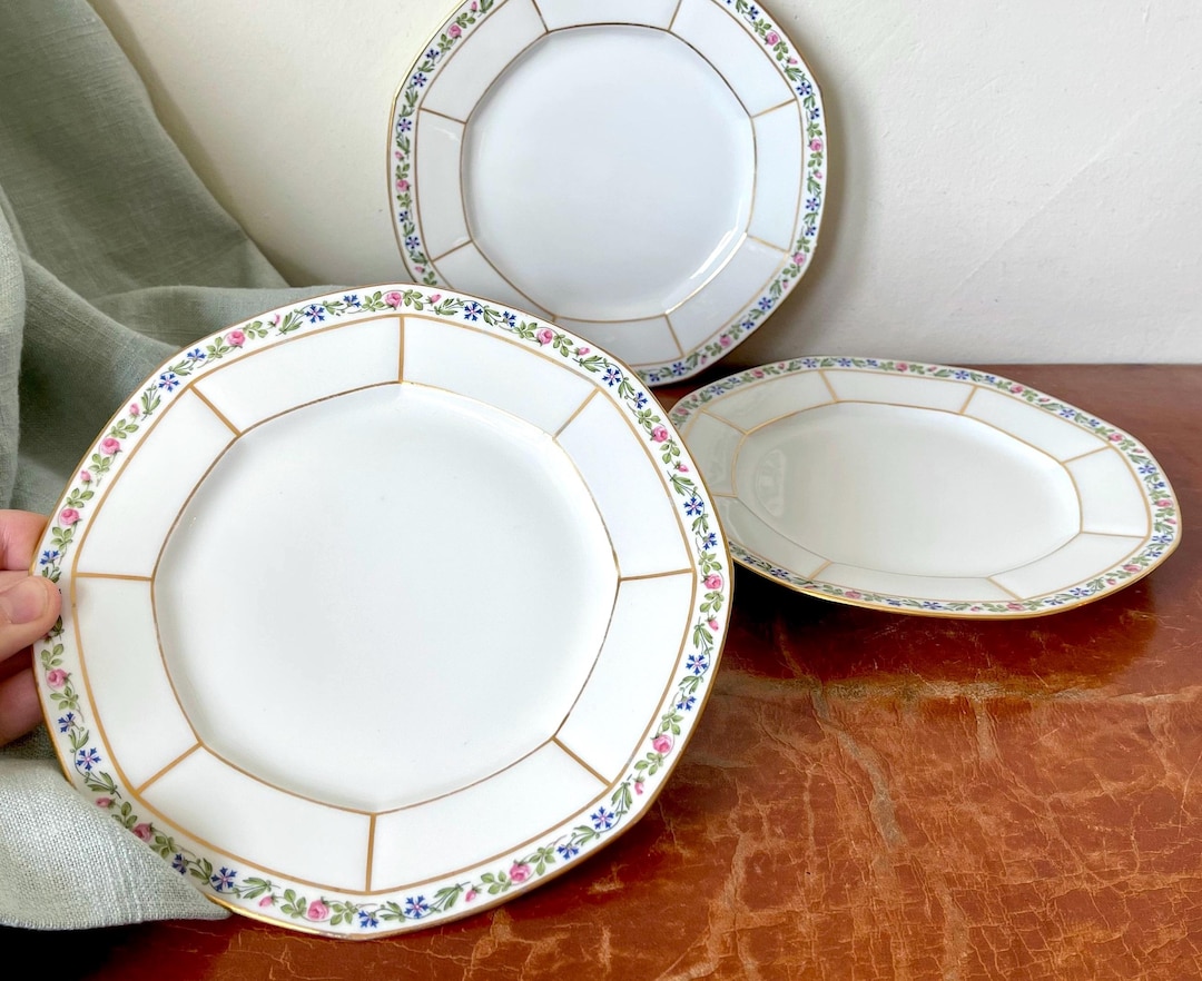 Antique Limoges Plates Set of 3 Jean Pouyat Octagonal Floral