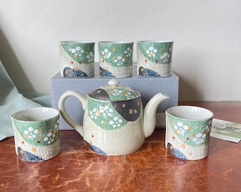 Japanese Hand Painted Arita Porcelain Tea Set 7 Piece Lidded Teapot and 5 Tea Cups Plum Flower Design PC3627