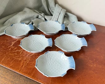 Vintage Arita Porcelain Fish Dishes Set of 6 Japanese Arita Yaki Celadon Figural Fish Snack or Serving Shallow Bowl Dishes PC4197