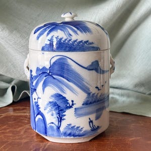 Vintage Chinese Tea Caddy Handpainted Flow Blue Pottery Canton Style Landscape Double Lidded Earthenware Tea Canister PC4279