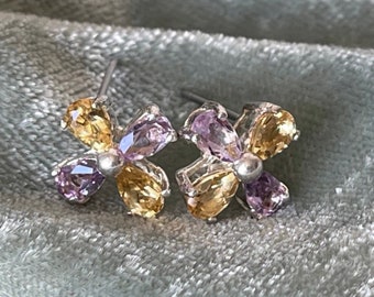 Vintage Amethyst and Citrine Gemstone Stud Earrings Signed JC Joseph Cleary Rhodium Plated Earrings for Pierced Ears CJ835