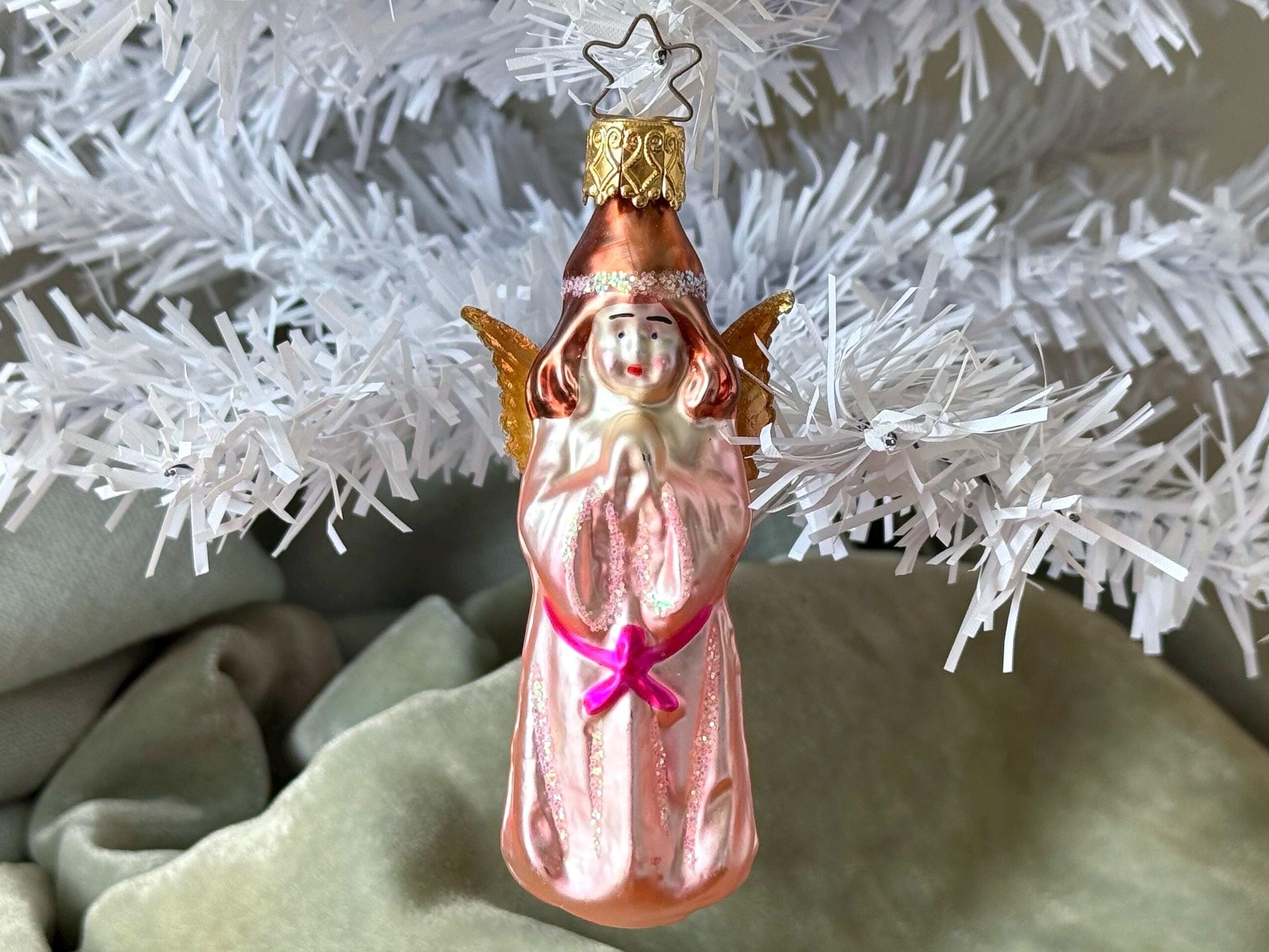 Vintage German Glass Inge-glas Angel Ornament White and Blue