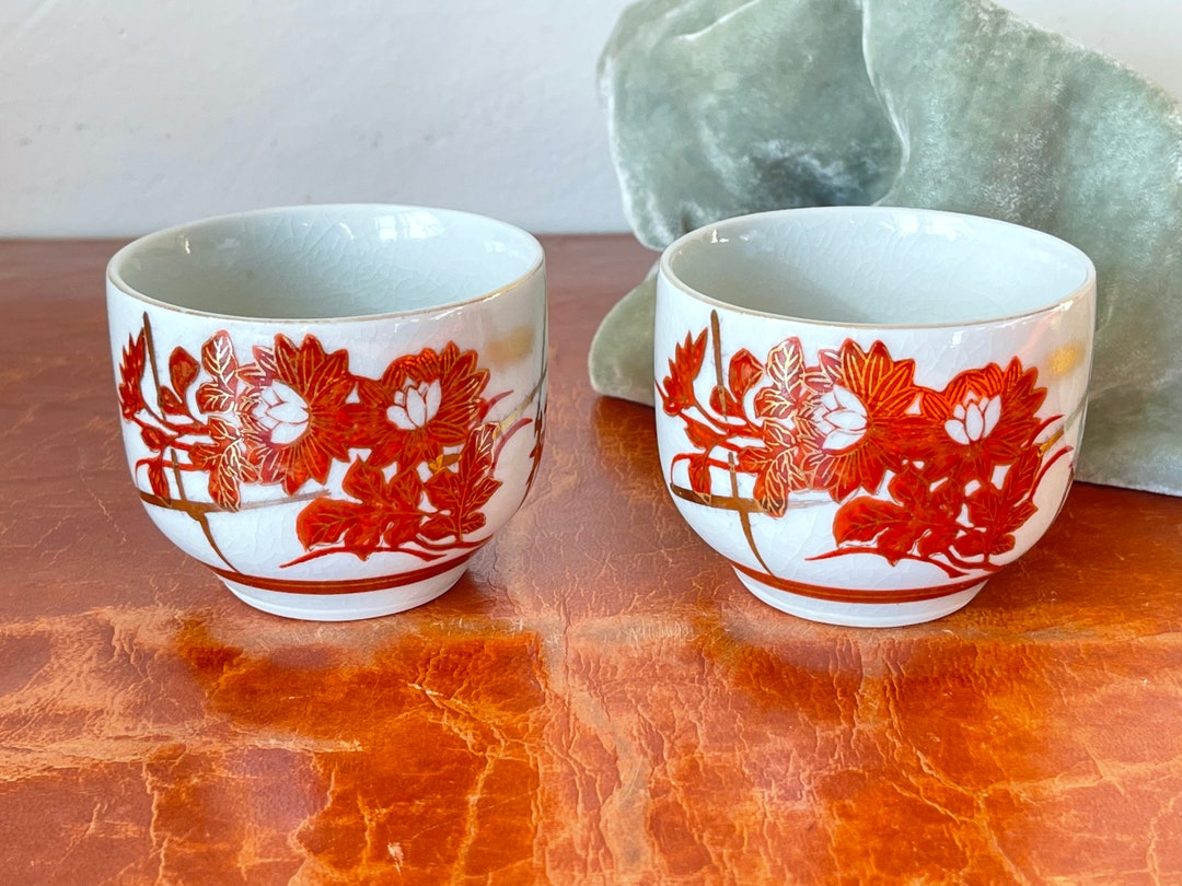 Japanese Kutani Tea Cups Set of 2 1960s Red and Gold Floral Etsy