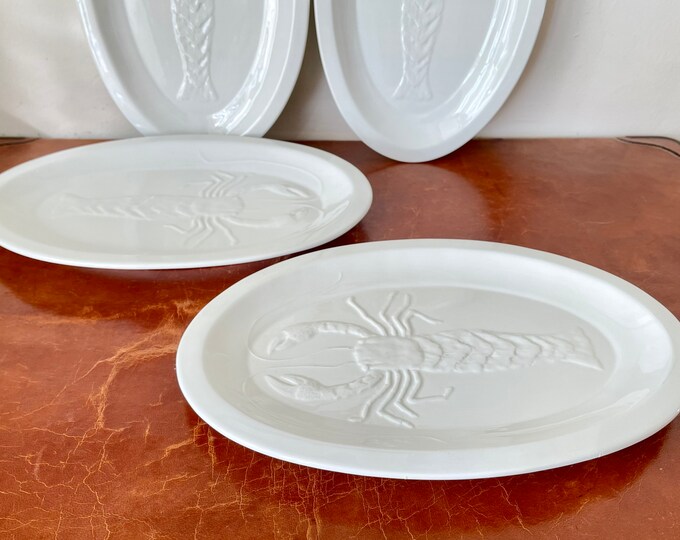 Italian Majolica Pottery Lobster Plates Set of 4 1960s White Embossed
