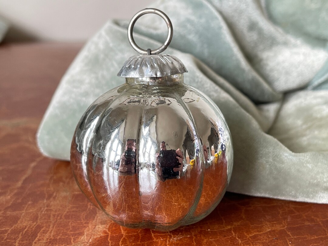 Vintage Silver Mercury Glass Kugel Christmas Tree Ornament Melon Shaped