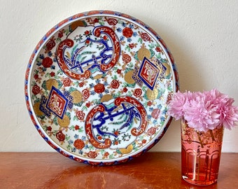Bol de porcelana Imari vintage pintado a mano con diseño de crisantemo. Bol poco profundo dorado. Bol de consola Imari. Fabricado en Japón. PC2056