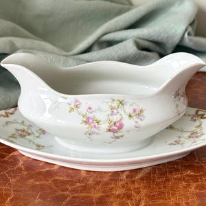 Antique Limoges Sauce Boat with Underplate Redon Porcelaine Limosine Pink Rose Pattern circa 1890’s to 1906 Made in France PC4183