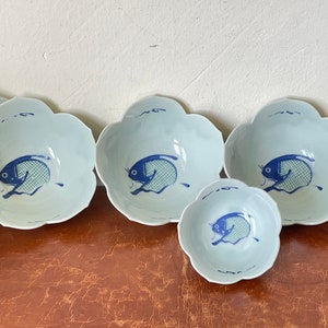 Vintage Celadon Porcelain Lotus Bowls Set of 4 Koi Fish Design Bowls with Lotus Flower Shape PC3546