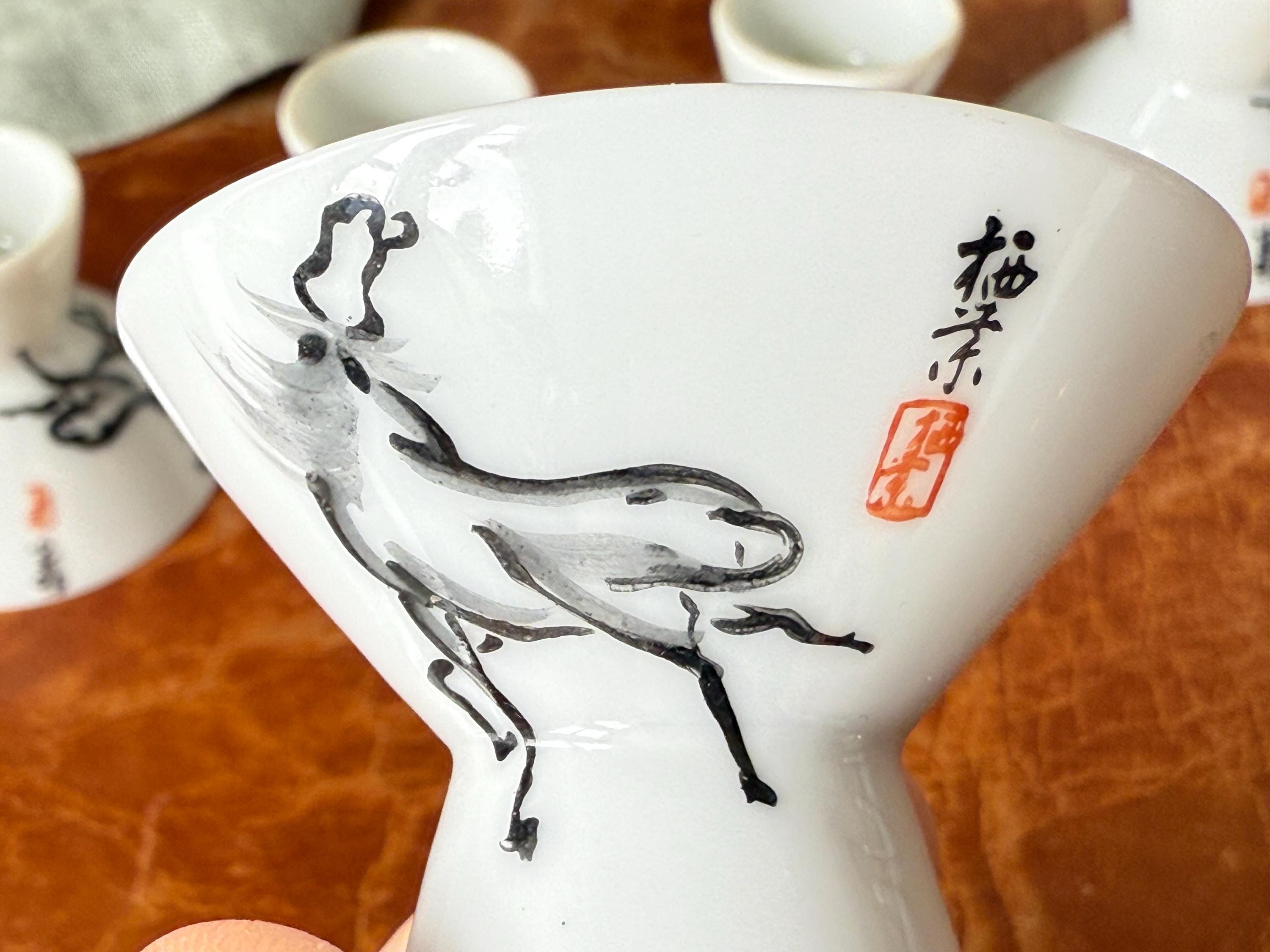 Vintage Chinese Horse Porcelain Sake Cups Set of 5 Ochoko