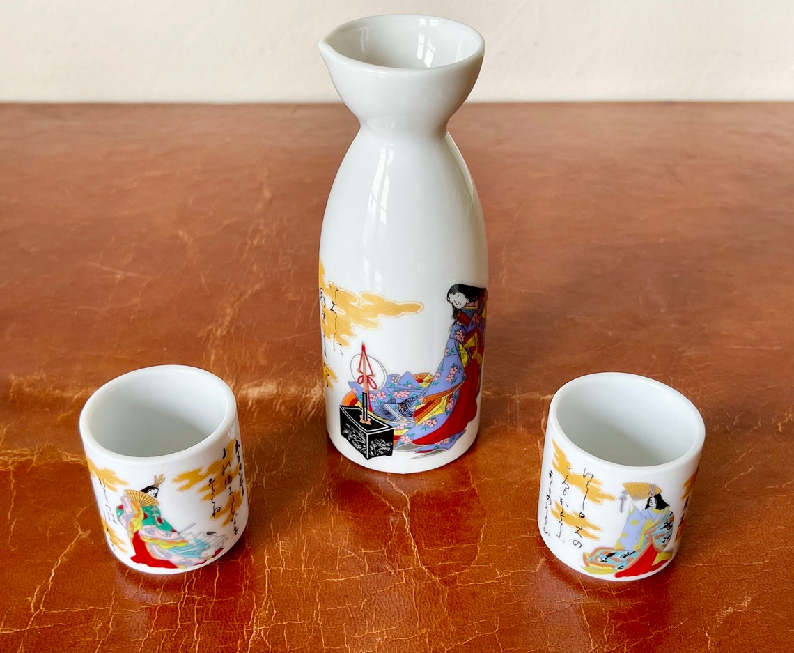 Vintage Japanese Sake Set in Box/ Porcelain Woodblock Prints Etsy