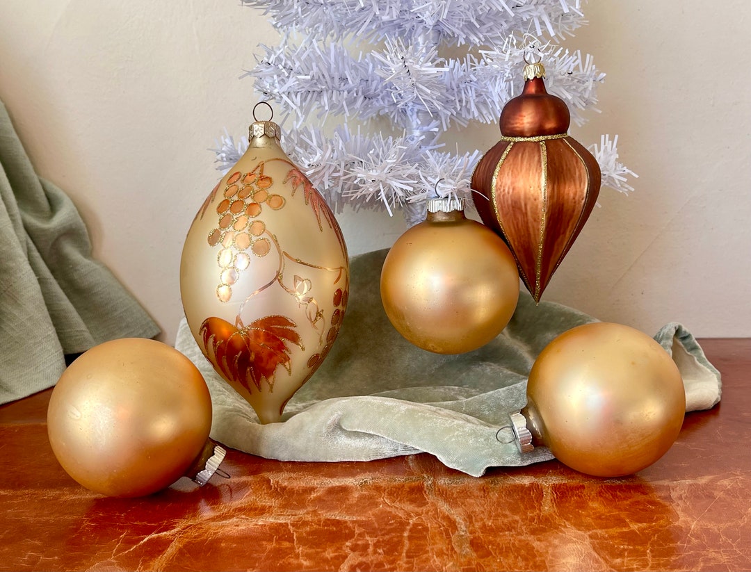 Vintage Shiny Brite European Christmas Ornaments Set of 5 Large Gold Onion Spinning Top Grape