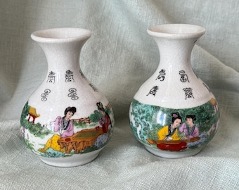 Famille Rose Vases Set of 2 Jingdezhen Courtesan Scene Calligrapy Vases Crackle Glaze PC4015