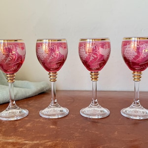 Vintage Bohemia Cranberry Port Wine Glasses Set of 4 Cranberry Cut to Clear Grape Cluster Design Circa 1960’s GC785