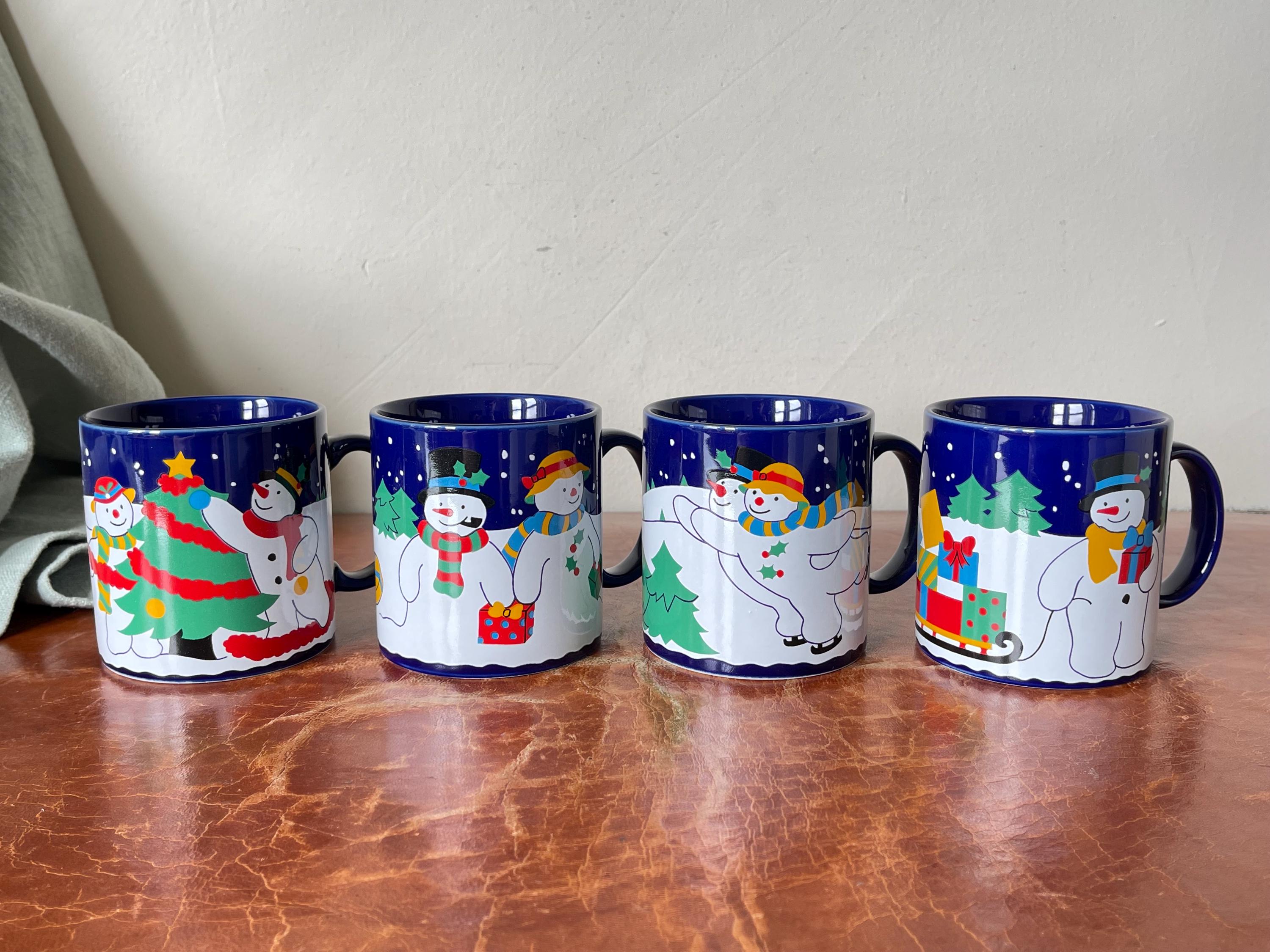 Vintage Lillian Vernon Snowman Coffee Mugs Set of 4 Cobalt Blue