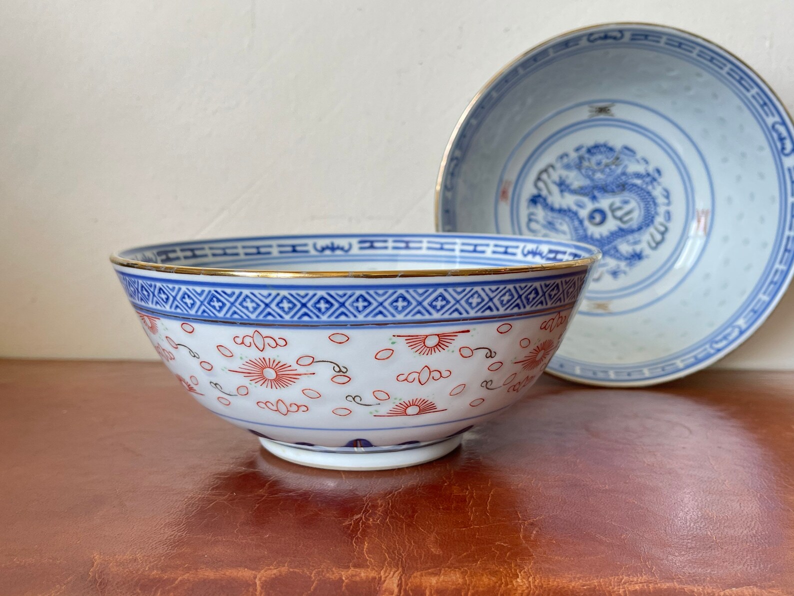 Vintage Chinese Rice Grain Pattern Serving Bowls Set of 2/ Etsy