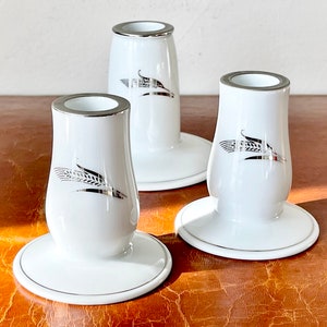 Fukagawa Hand Painted Arita Porcelain Candlestick Holders Set of 3 Mid Century Japanese Platinum Wheat Design PC1789