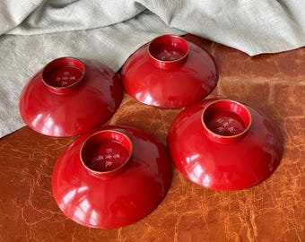 Japanese Antique Lacquer Sake Sakazuki Set of 4 Red Lacquer