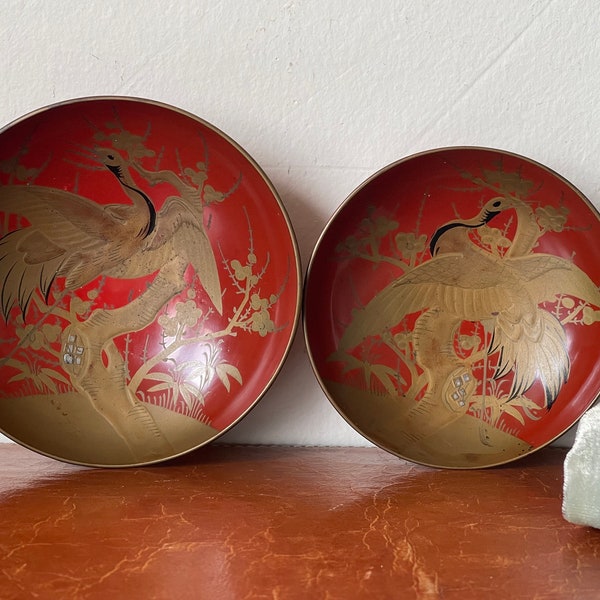 Japanese Antique Lacquer Sake Sakazuki Set of 2 Red Lacquer Sake Bowls with Gold And Silver Overlay Crane Designs Circa 1920’s SI1338
