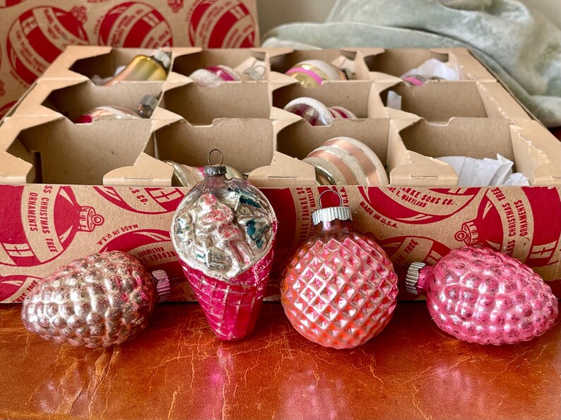 Shiny Brite Spinning Top Lantern Fancy Shape Ornaments Pink Mica Set of