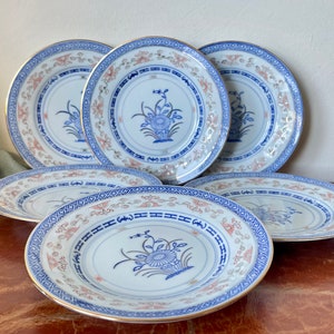 Vintage Chinese Rice Grain Pattern Porcelain Plates Set of 6 Blue and White Enameled and Gilded Chinese Plates Rice Flower Design PC3427