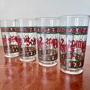 Vintage Seasons Greetings Libbey Christmas Highball Glasses Set of 4 Stained Glass Design Holiday Cocktail Tumblers GC154