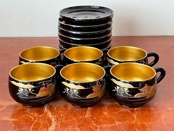 Antique Japanese Lacquer Tea Cups and Saucers Set of 6 Hand