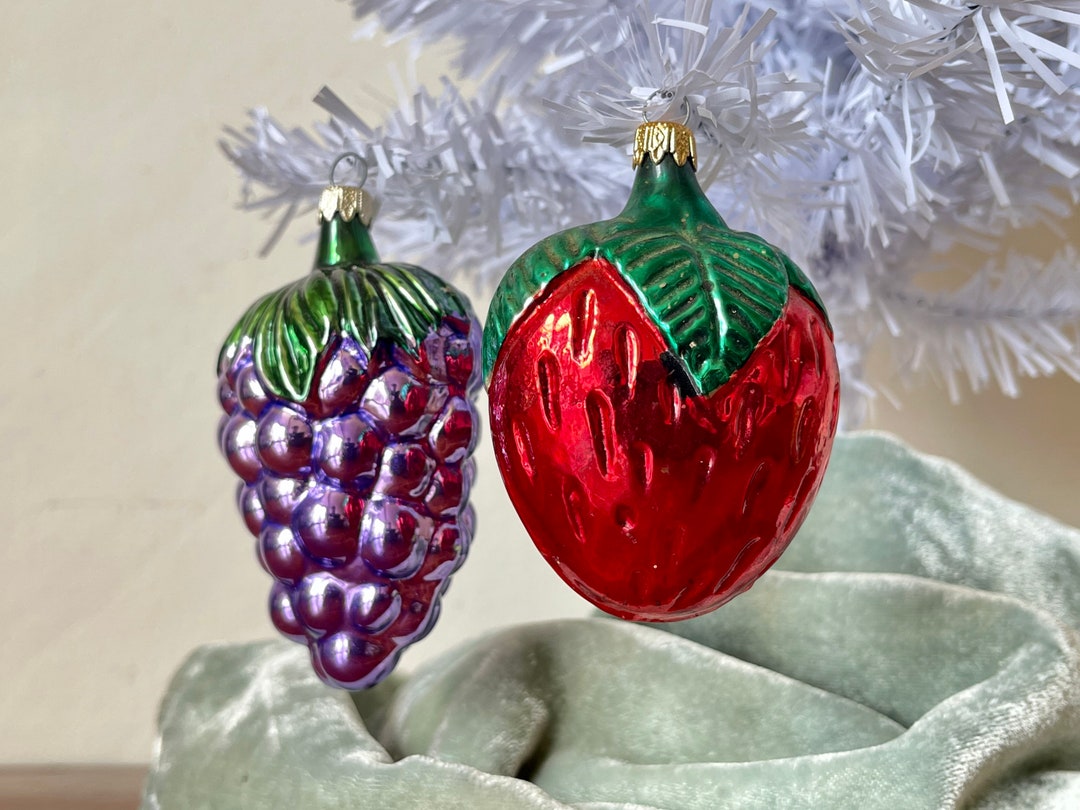Vintage Blown Glass Fruit Christmas Ornaments Strawberry and Grape Set