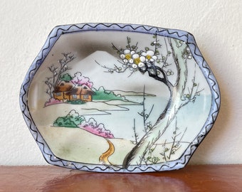 Antique Japanese Nippon Trinket Dish Hand Painted Mount Fuji Cherry Blossom Enamel Design Shabby Chic Home PC1101