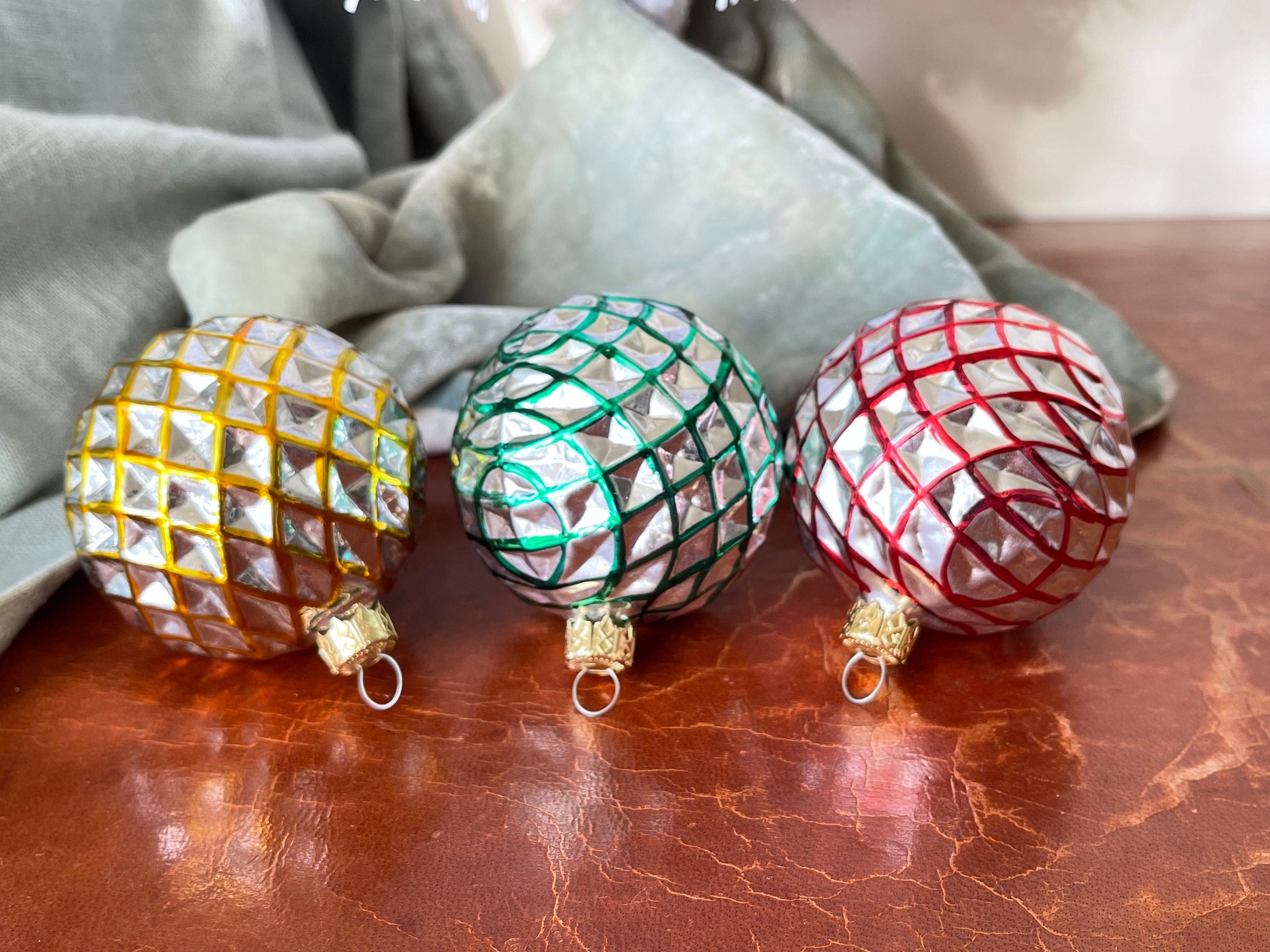 Vintage Fancy Shape Crosshatch Glass Christmas Ornaments Set