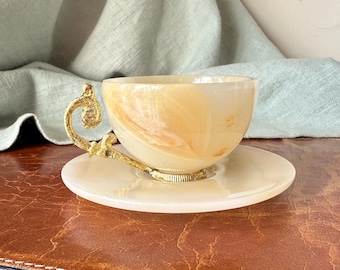 White Onyx Cup and Saucer Made in Turkey 1960’s Carved Stone Cup with Gilded Metal Handle and Base SI1903