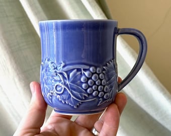 Vintage Bordallo Pinheiro Portugal Mug Blue Grape Vine Pattern Majolica Pottery Cup Grape Leaf PC4671