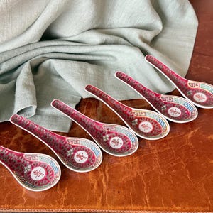 Vintage Chinese Porcelain Mun Shou Soup Spoons Set of 6 1970’s Famille Rose Lotus Scroll Spoons Good Luck Lunar New Year Gift PC4314