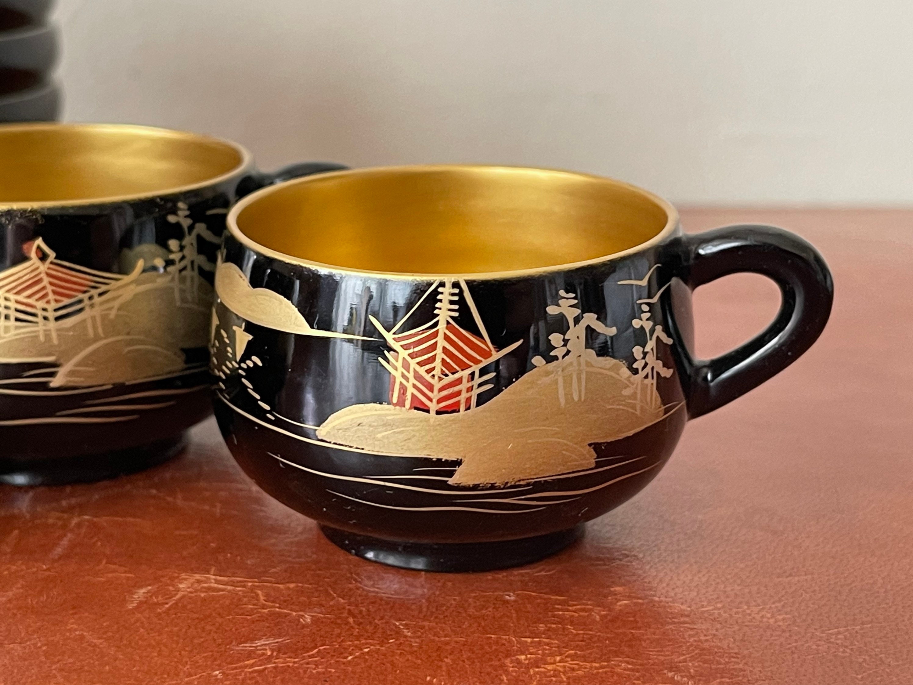 Antique Japanese Lacquer Tea Cups and Saucers Set of 6 Hand