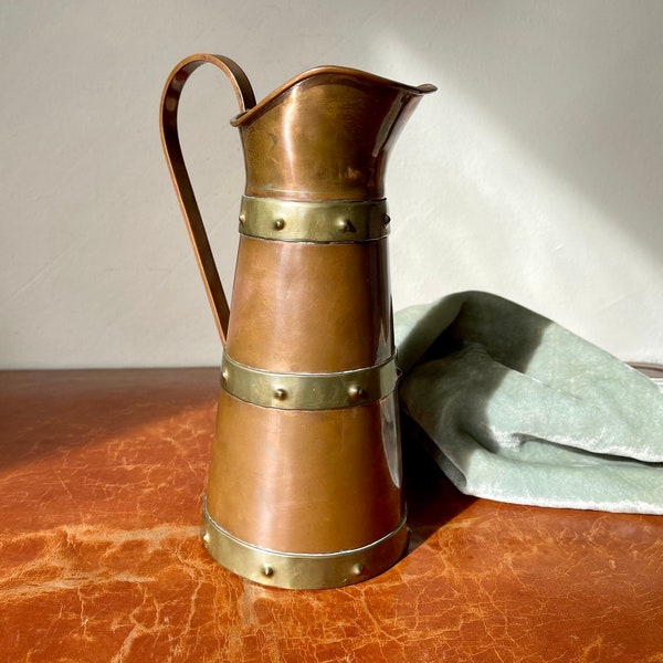 Vintage Mexican Copper Pitcher with Brass Straps 1960’s Copper and Brass Arts and Crafts Style Copper SI1210