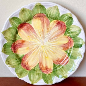 Vintage Italian Hand Painted Pottery Platter with Orange and Green Flower Design Made In Italy for Macys Tuscany Style Home PC1929