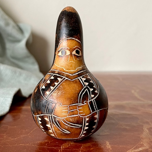 Vintage Carved Gourd Rattle Hand Carved Peruvian Folk Art Primative Rustic Home Decor SI1486