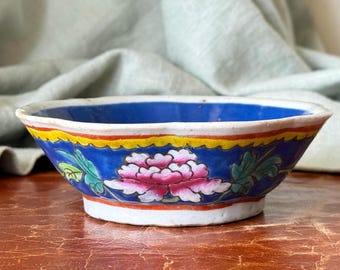 Antique Chinese Blue Enameled Floral Bowl Qing Dynasty or Early Republic Period 1891-1921 marked CHINA Hand Painted Bowl PC4895