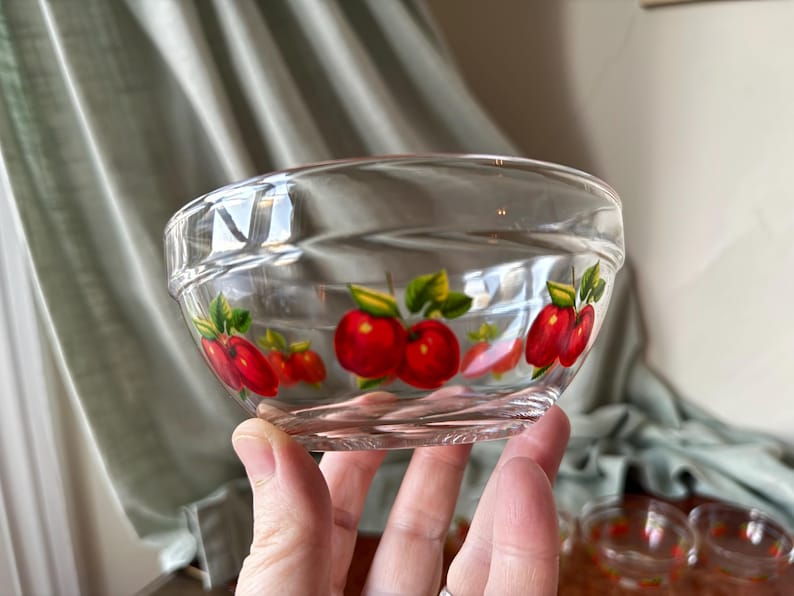 May include: Clear glass bowl with a decorative apple design. The bowl features a series of red apples with green leaves painted around the rim. The bowl is held in a person's hand.
