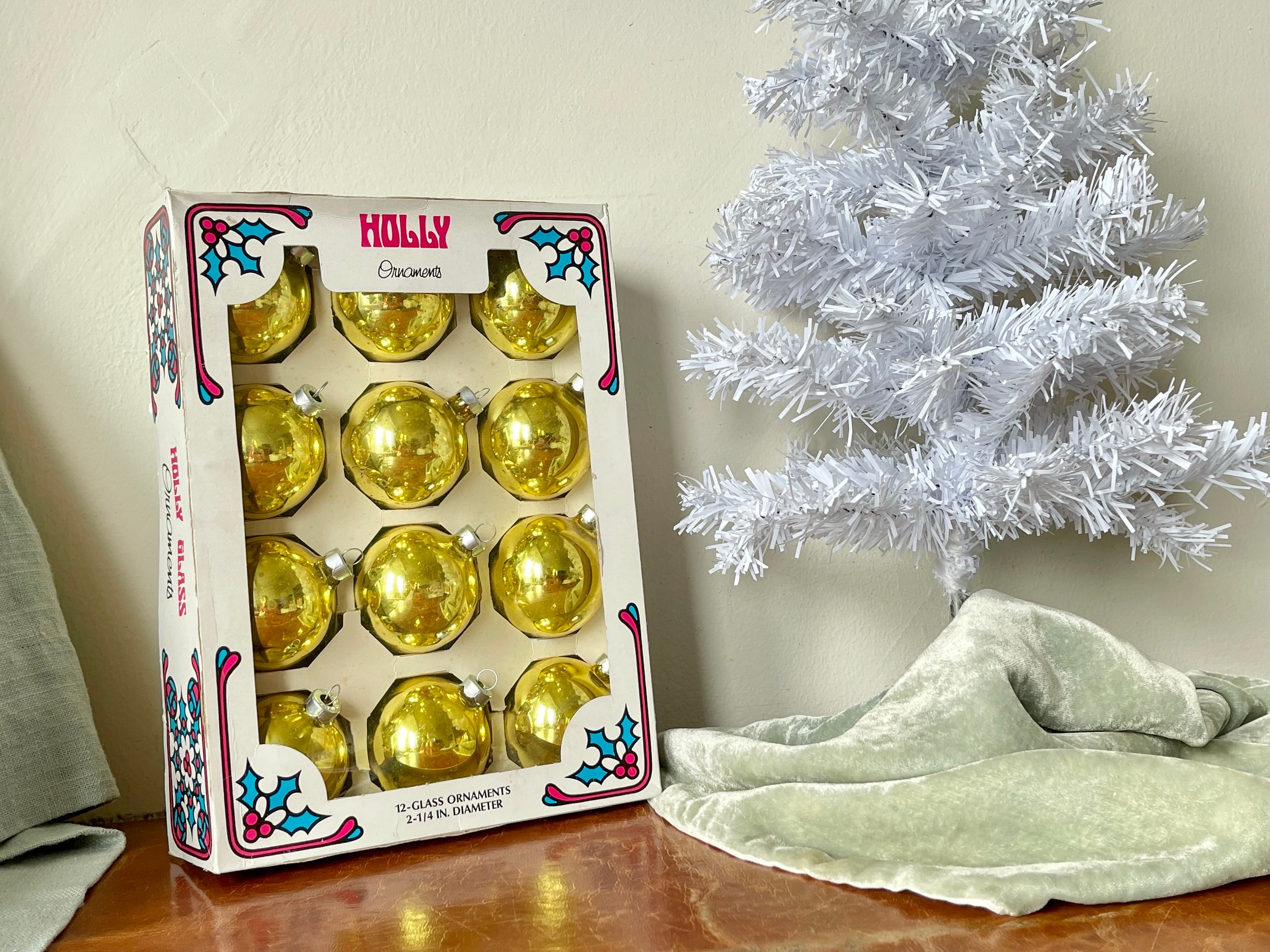 Vintage Holly Brand Gold Christmas Tree Ornaments Set of 12  Vintage White Holly House Christmas Ornament Set of 2 Glass Hand Painted main image 0