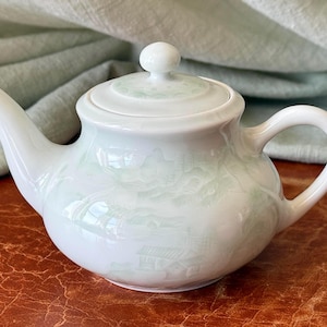 Vintage Jingdezhen Celadon Porcelain Teapot Carved Landscape Design Celedon Lidded Teapot PC4672
