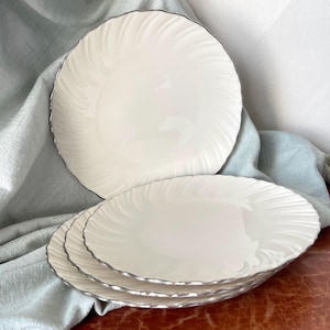 Vintage Lenox Weatherly Pattern Dinner Plates Set of 4 1960’s Bone China Plates Platinum Trimmed Swirl Embossed Rim Design PC3892