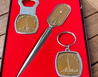 Toronto CN Tower Keychain Bottle Opener and Letter Opener Set in Box Bronze Gold Tone CN Tower Canada Memorabilia 3 pcs SI417