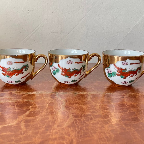 Vintage Chinese Porcelain Dragon and Phoenix Tea Cups Hand Painted and Gilded in 22 Karat Gold Chinese Wedding Tea PC3296