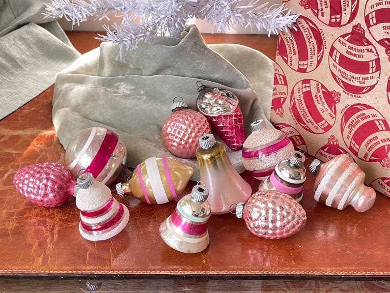 Shiny Brite Spinning Top Lantern Fancy Shape Ornaments Pink Mica Set of