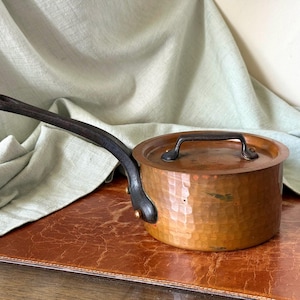 French Copper Saucepan with Riveted Iron Handles Heavy 3mm Thick Hammered Copper Pot by Maurice Lefèvre Made in Villedieu France SI2373