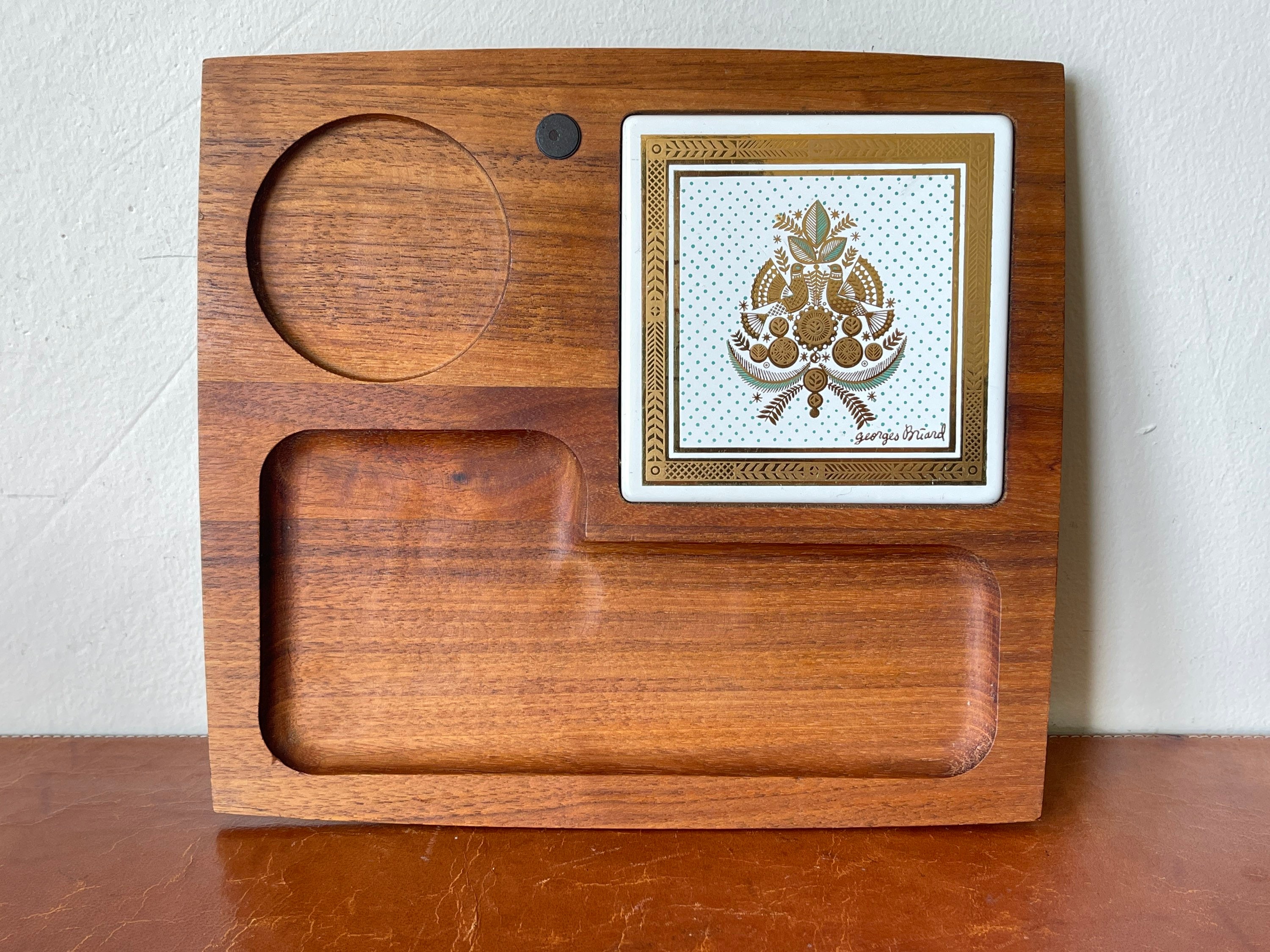 Vintage Georges Briard Cheese Board Teak Charcuterie Serving Platter with Signed Briard Tile 1960’s Danish Modern Style SI861