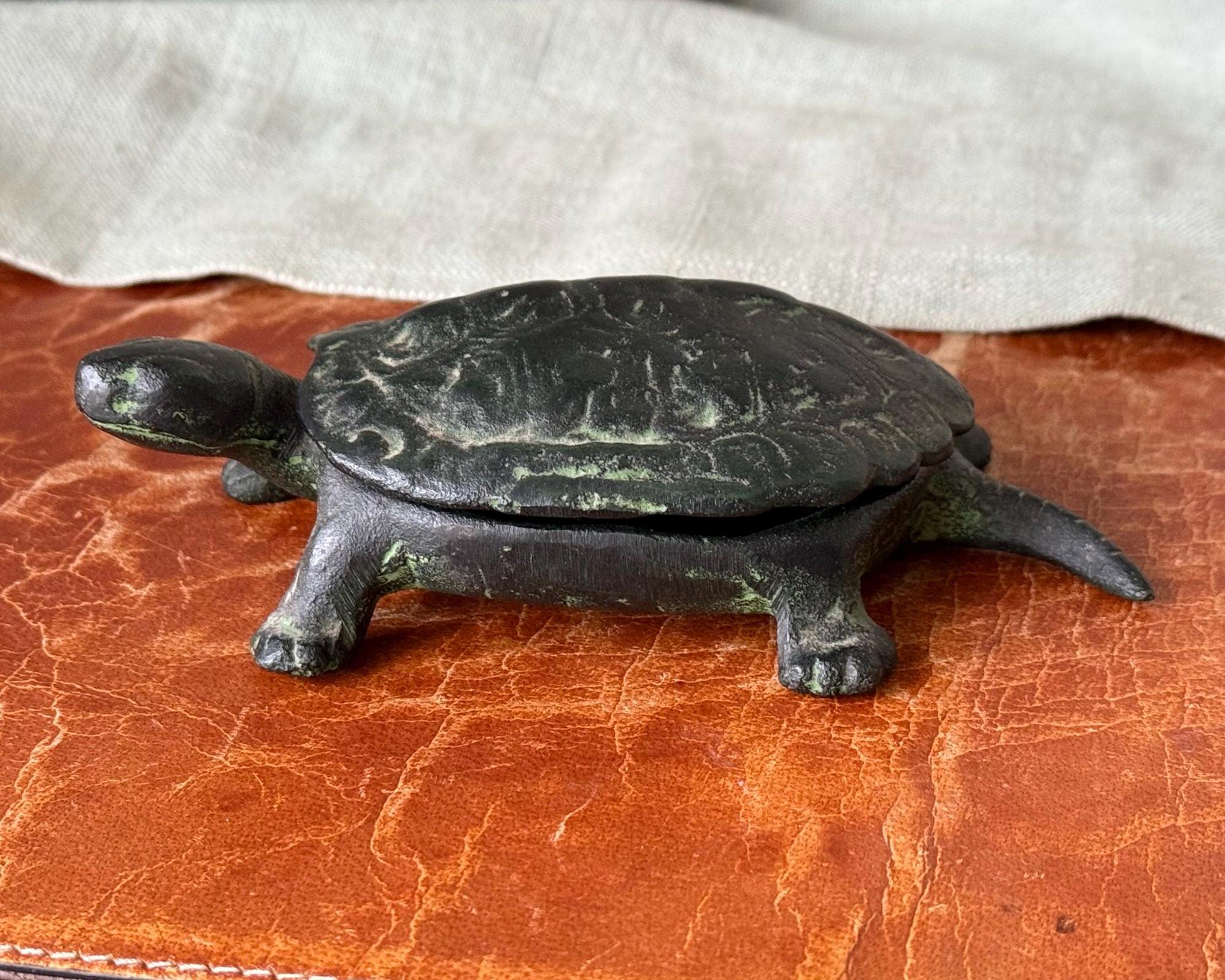 Vintage Cast Iron Turtle Trinket Box With Hinged Lid and Bronze