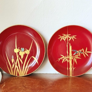 Antique Red Lacquer Inlay Plates 1930’s Hand Lacquered Wooden Plates with Gold Maple Leaf and Bamboo Design Art Deco Asian Decor SI2007